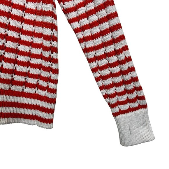 Loft Medium Stripe Open Weave Stitch Boatneck Sweater Red White Xmas Holiday Y2K - Picture 6 of 10